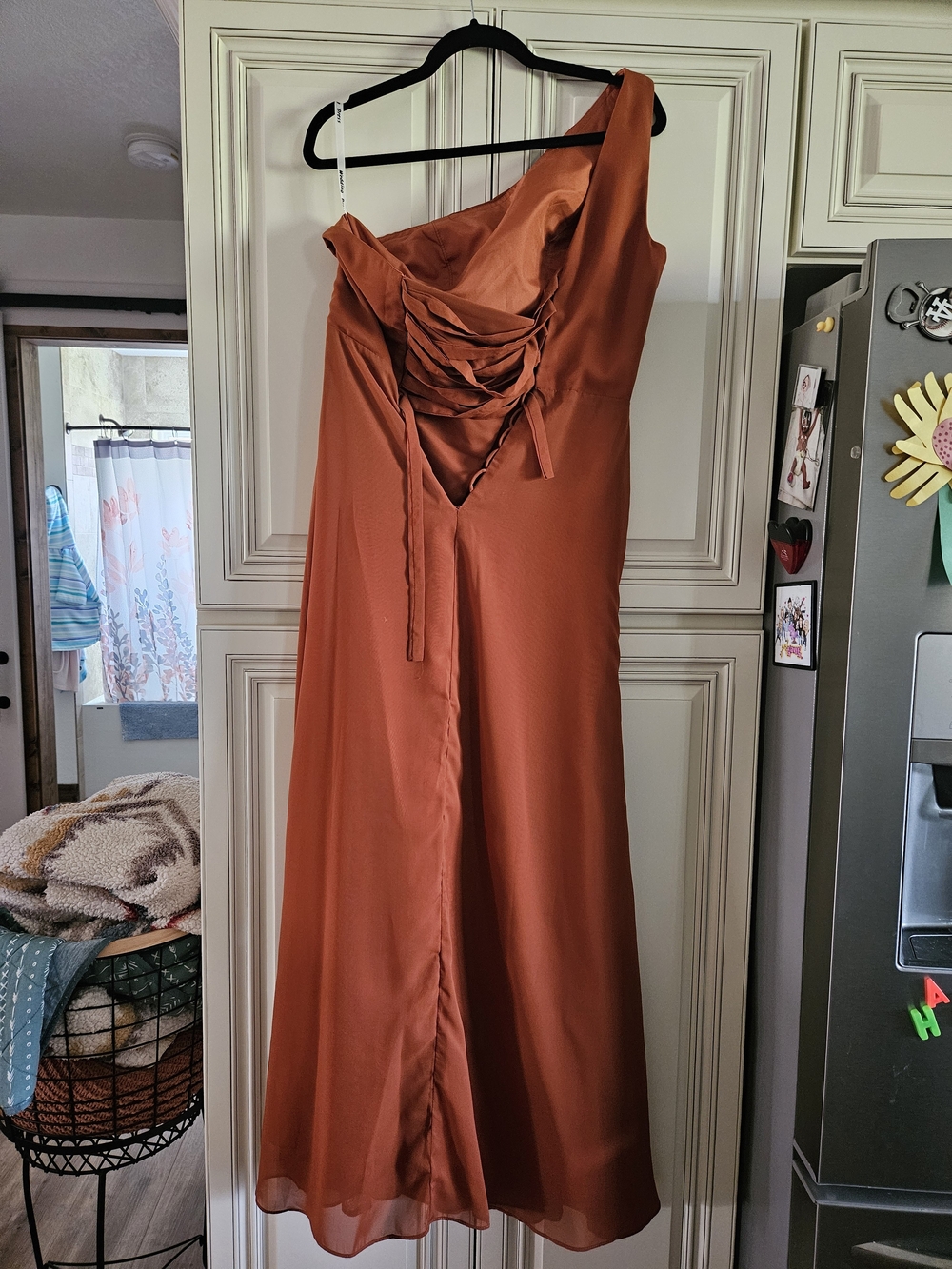 Terracotta One-Shoulder Draped Women's Dress - Picture 3 of 12